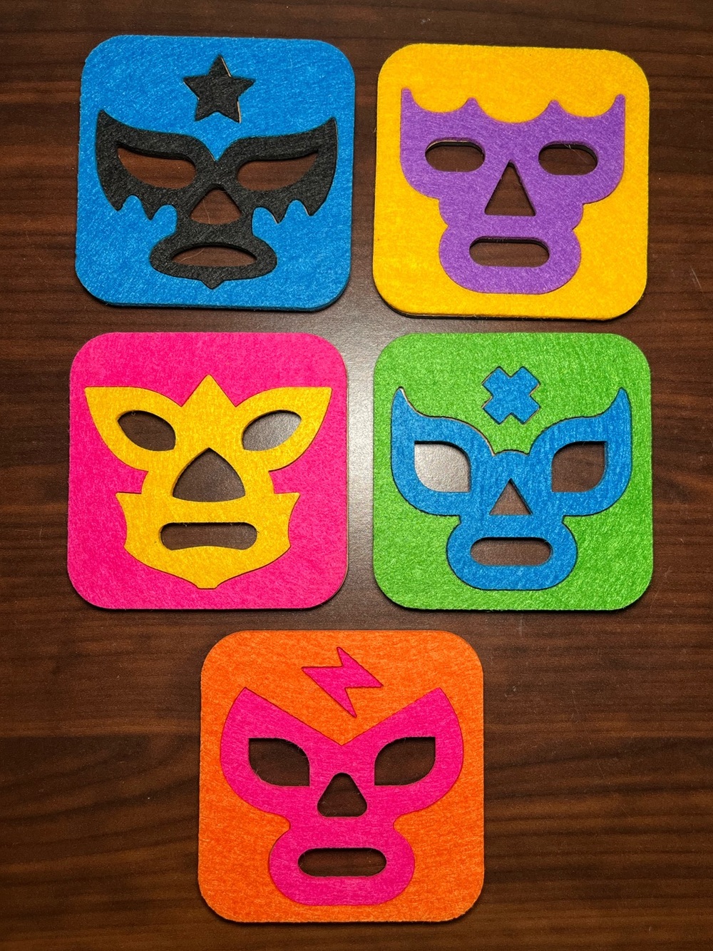 Lucha Libre Wrestling Mask Felt Coasters – Set of 5 – Colorful Retro from Mexico